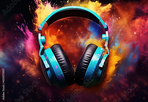 Vibrantly painted headphones on a dark background