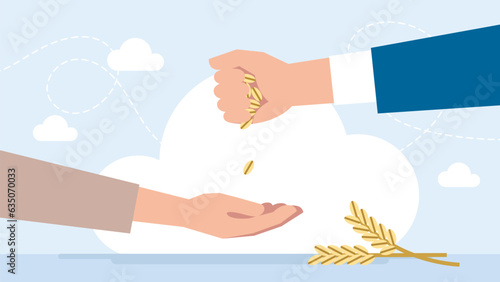 The concept of greed, avarice. A businessman holds the grain in a handful and makes a stingy donation. A beggar asks for food. Vector Illustration