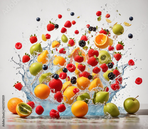 Mix fresh fruits falling down with water splash on white background