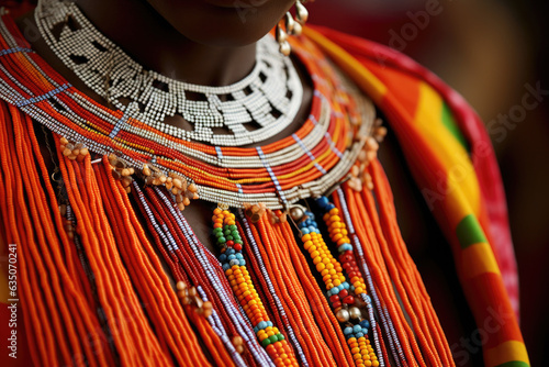 A dramatic portrait of a Maasai woman with beaded accessories and traditional clothing