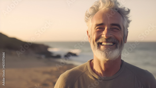 Enjoying Senior old man, Happy mature senior man on beach coast in morning, Generative AI