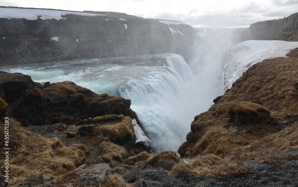 Water Flowing Over the Waterfall at Gullfoss in Iceland