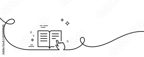Instruction Book line icon. Continuous one line with curl. Education with hand pointer symbol. E-learning sign. Read instruction single outline ribbon. Loop curve pattern. Vector