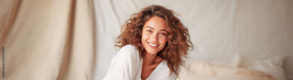 Portrait of a fictional happy, smiling beautiful woman with naturally curly auburn colored hairs on a blurred soft, textured background with pillows. Concept of happiness, good sleep and feel-good. Portrait of a fictional happy, smiling beautiful woman with naturally curly auburn colored hairs on a blurred soft, textured background with pillows. Concept of happiness, good sleep and feel-good.