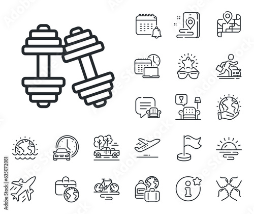 Workout equipment sign. Plane jet, travel map and baggage claim outline icons. Dumbbells line icon. Gym fit symbol. Dumbbells line sign. Car rental, taxi transport icon. Place location. Vector
