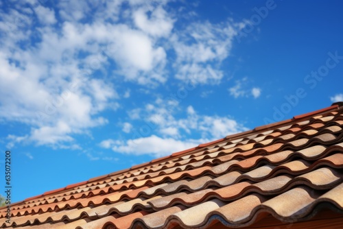 Close-up of roof with tiles on the blue sky
