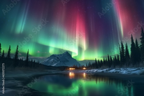 Northern Lights on the night sky. Aurora Borealis. AI generated, human enhanced