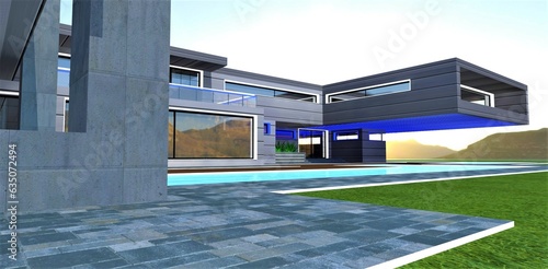 Canvas Print Magnificent contemporary countryside estate with a pool against the backdrop of a stunning mountain sunrise