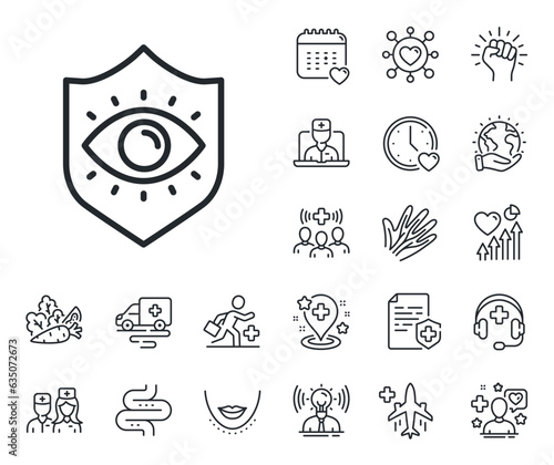 Oculist clinic sign. Online doctor, patient and medicine outline icons. Eye protection line icon. Optometry vision symbol. Eye protection line sign. Veins, nerves and cosmetic procedure icon. Vector