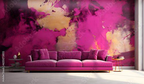 Modern Interior Design. Comfortable Sofa in a Luxurious Purple Living Room