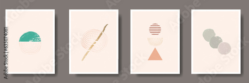 Set of Minimalist Abstract Paintings of line art and organic shapes ion neutral backgrounds. Decorative Art. Vector Illustration. 
