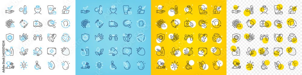 Vector icons set of Fahrenheit thermometer, Sunscreen and Face biometrics line icons pack for web with Face id, Healthy food, Vaccination schedule outline icon. Veins, Leaves, Stress pictogram. Vector Vector icons set of Fahrenheit thermometer, Sunscreen and Face biometrics line icons pack for web with Face id, Healthy food, Vaccination schedule outline icon. Veins, Leaves, Stress pictogram. Vector