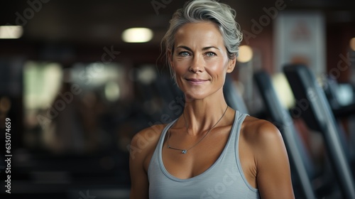 Middle-aged woman fitness instructor doing exercises in jym photo