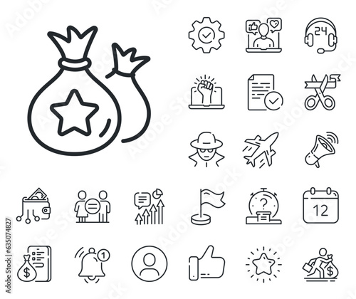 Bonus money bags. Salaryman, gender equality and alert bell outline icons. Loyalty points line icon. Discount program symbol. Loyalty points line sign. Spy or profile placeholder icon. Vector