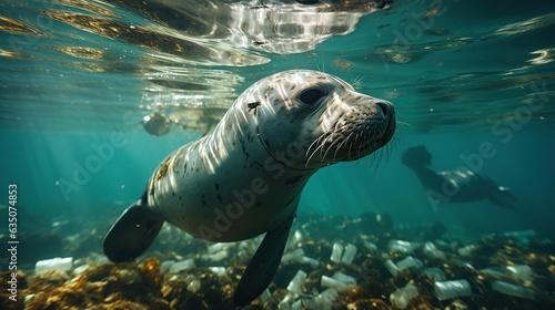 Sea ​​seal swimsin ocean with a pile of plastic debris. ecological catastrophy