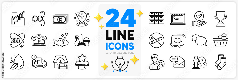 Icons set of Search employee, Smile chat and Approved checkbox line icons pack for app with Household service, Add purchase, Storage thin outline icon. Water drop, Payment. Vector