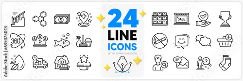 Icons set of Search employee, Smile chat and Approved checkbox line icons pack for app with Household service, Add purchase, Storage thin outline icon. Water drop, Payment. Vector