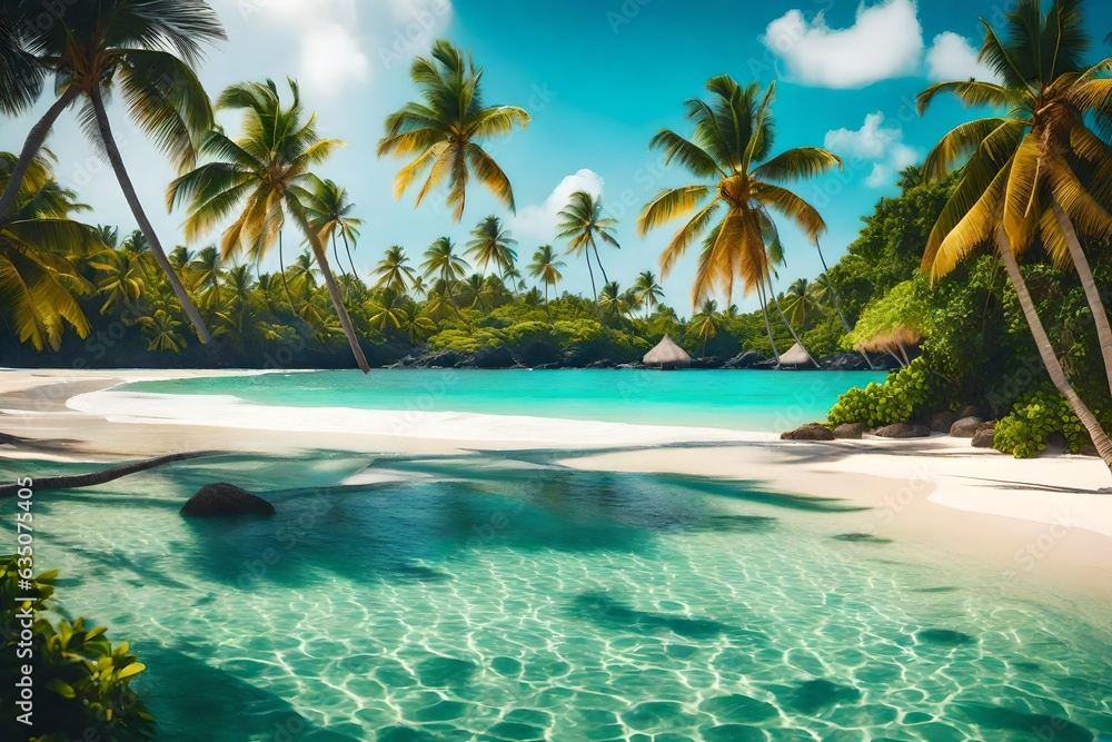 Golden sunlight casts elongated shadows of swaying palm trees on the pristine sands, while gentle waves embrace the shore under a cloudless, azure sky. Golden sunlight casts elongated shadows of swaying palm trees on the pristine sands, while gentle waves embrace the shore under a cloudless, azure sky.