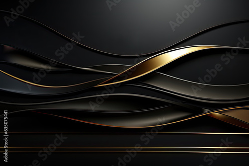 Luxury abstract background with golden lines on dark, modern black backdrop concept 3d style. 