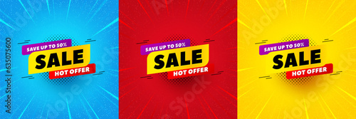 Sale 50 percent off banner. Sunburst offer banner, flyer or poster. Discount sticker shape. Hot offer icon. Sale 50% promo event banner. Starburst pop art coupon. Special deal. Vector