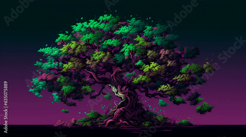 Green tree in the night forest. 3D rendering. Illustration.