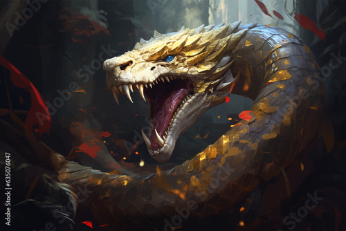 Snake head with sharp teeth in a forest. Dragon head. Fantasy Monster. Ancient reptile. Fantasy scene of a roaring Legend Creature. Angry wild Animal. Fairytale Serpent. Roar. Growl. Digital painting