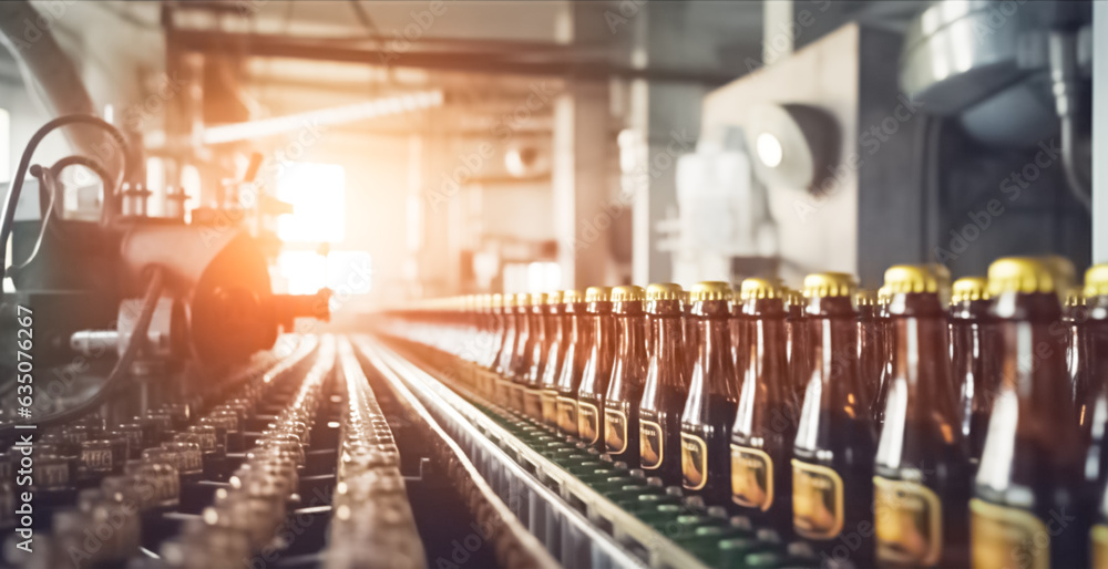 Close up view of a row of beer bottles being processed in a factory.
