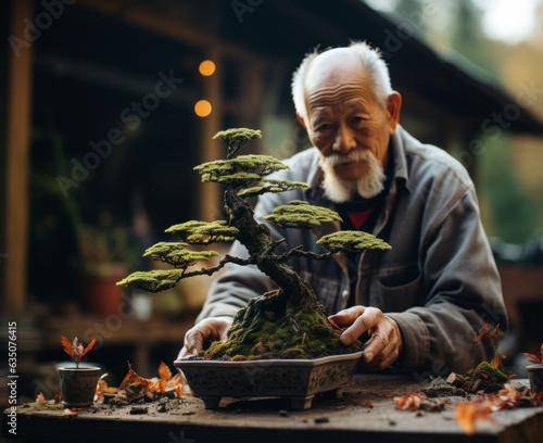 An elderly Asian man is making bonsai