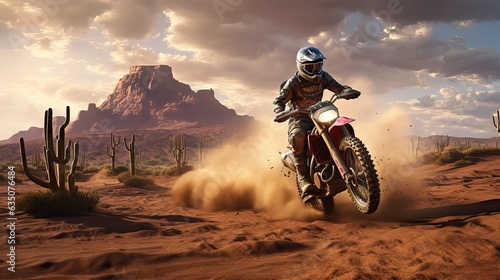 A determined motocross rider accelerating on a dirt track, kicking up dust and gravel as they push for victory. Generative AI
