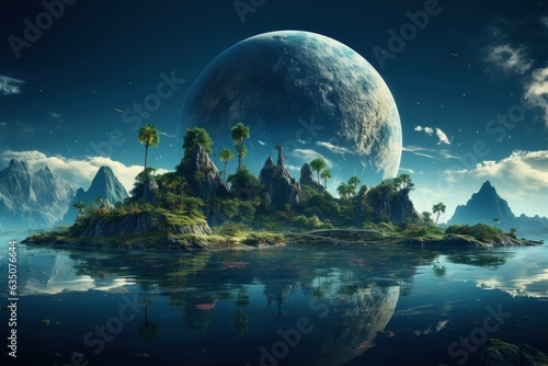 Green tropical island with sky and space background