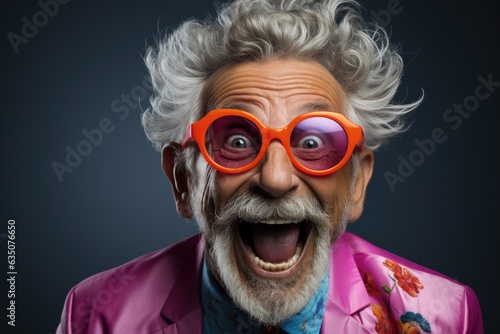 Cool and stylish senior old man with fashionable clothes and orange glasses. Portrait of happy grandfather.