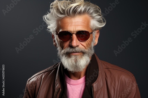 Cool and stylish senior old man with fashionable clothes and glasses. Portrait of happy grandfather.