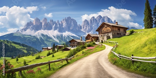 AI Generated. AI Generative. Green hill mountain nature outdoor house countryside landscape view. Graphic Art