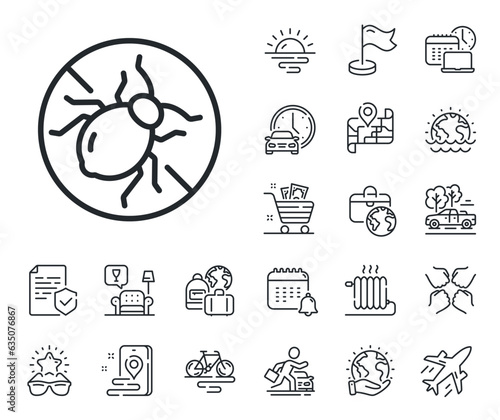 Hypoallergenic sign. Plane jet, travel map and baggage claim outline icons. Mattress bed bugs line icon. Anti-allergic symbol. Bed bugs line sign. Car rental, taxi transport icon. Vector