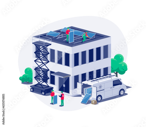 Solar panels installation on modern architecture business office building. Workers connecting the home renewable power energy system to grid on flat roof. Clean electricity production. Isolated vector (ID: 635076885)
