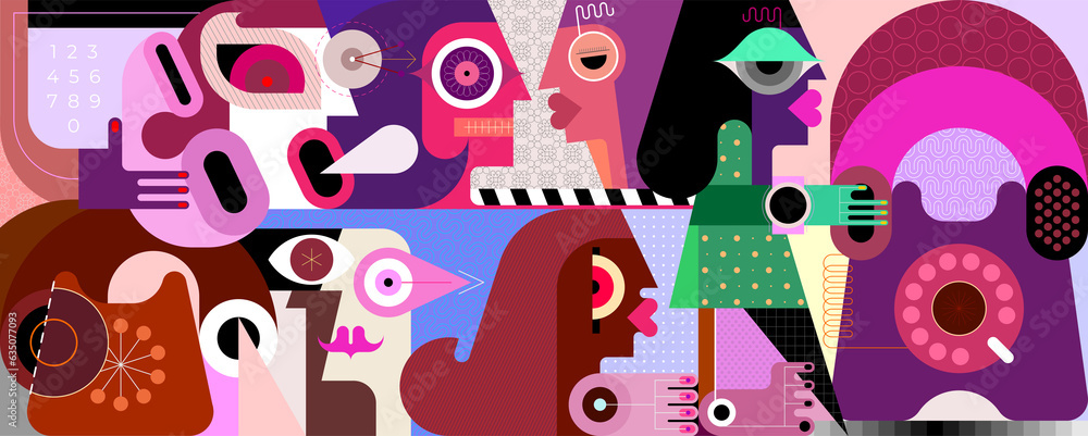 People And Retro Telephones modern art graphic illustration People And Retro Telephones modern art graphic illustration