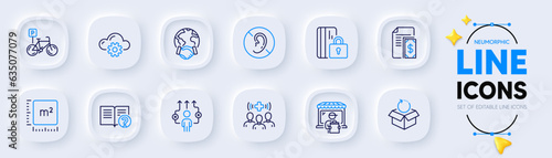 Return package, Help and No hearing line icons for web app. Pack of Cloud computing, Payment, Delivery market pictogram icons. Bicycle parking, Business way, Global business signs. Vector