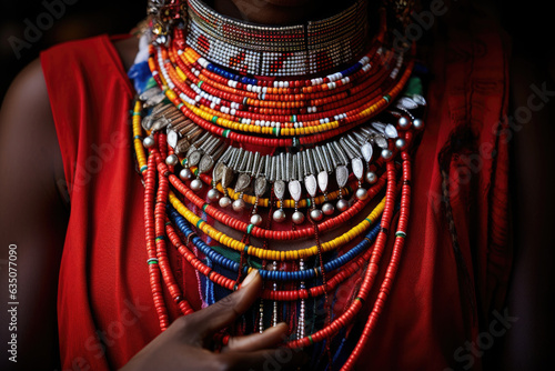 A dramatic portrait of a Maasai woman with beaded accessories and traditional clothing photo