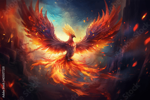 Phoenix. Fire Phoenix risen from the ashes. Firebird. Burning bird. Eagle flying in the fire. Bird in the fire. Fantasy Fiery bird. Mythical Creature. Legend. Fairy. Isolated on black. Fire background