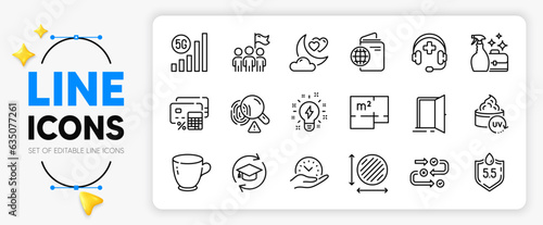 Tea cup, Circle area and 5g wifi line icons set for app include Continuing education, Open door, Fingerprint outline thin icon. Safe time, Inspiration, Floor plan pictogram icon. Vector