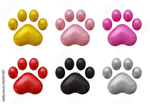 Set of dog or cat paw icons in 3d rendering isolated on transparent background for pet, animal concept.