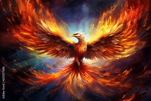 Phoenix. Fire Phoenix risen from the ashes. Firebird. Burning bird. Eagle flying in the fire. Bird in the fire. Fantasy Fiery bird. Mythical Creature. Legend. Fairy. Isolated on black. Fire background © Zakhariya