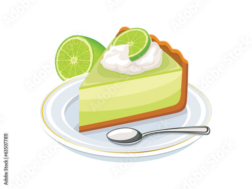 Key Lime Pie vector illustration. Slice of lime cake with whipped cream icon vector isolated on a white background. Piece of citrus fruit cake on a plate drawing
