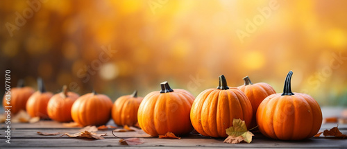 Orange pumpkins on a rustic autumn background