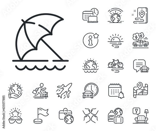 Sun parasol sign. Plane jet, travel map and baggage claim outline icons. Beach umbrella line icon. Summer vacation symbol. Beach umbrella line sign. Car rental, taxi transport icon. Vector