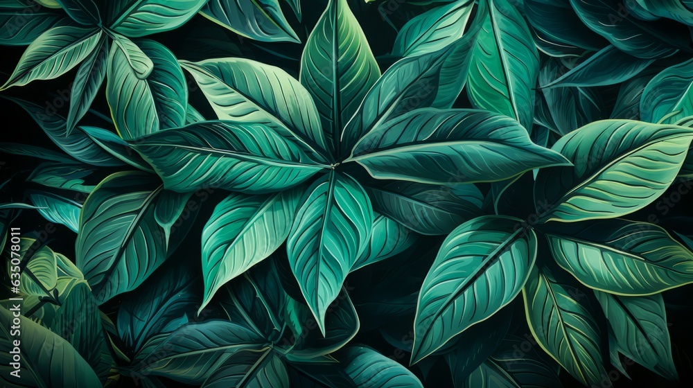 Green leaf background. Floral wallpaper banner with leaf texture. Generative AI.