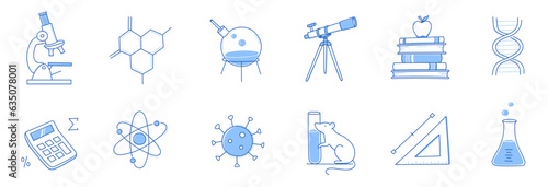 Laboratory doodle icon set. Hand drawn sketch line doodle style scientific education, chemistry laboratory, medicine experiment icon. Microscope, atom, magnet outline element. Vector illustration.
