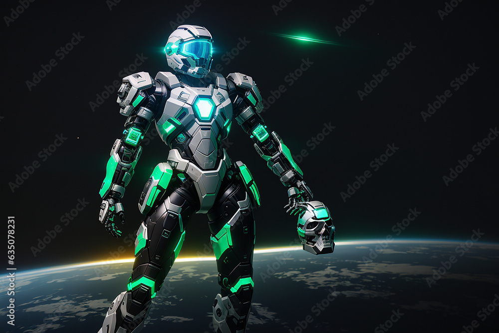 hyperrealistic, powerful, white and green armored skull, her cybernetic helmet glowing in the darkness of space, legs are muscular, feet are claws, ready to take on any challenge, AI generated