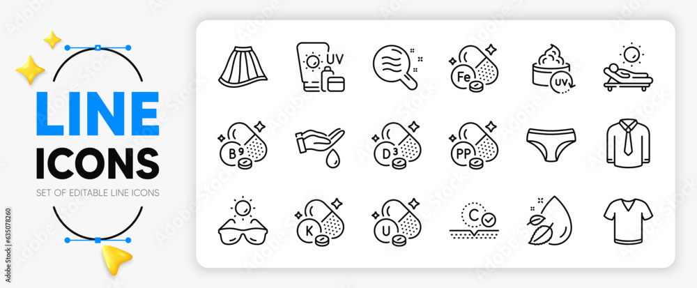 Fototapeta premium Vitamin k, Collagen skin and Uv protection line icons set for app include Water drop, Skirt, T-shirt outline thin icon. Folate vitamin, Wash hands, Niacin pictogram icon. Iron. Vector