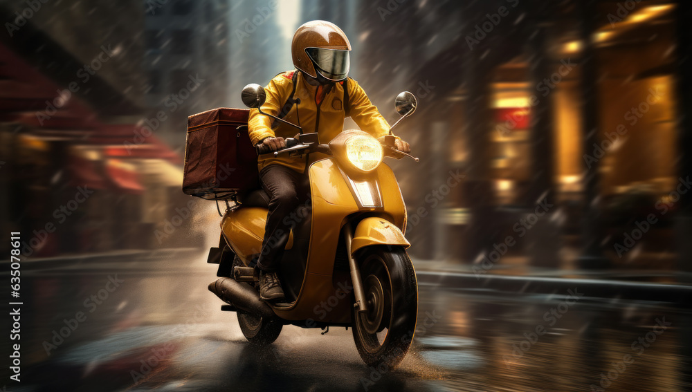 Swift deliveries. Delivery man on motorbike in motion, providing speedy transportation and efficient service for online orders and express shipping.